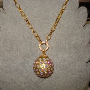 AB Rhinestone Large Gold Disco Ball Pendant Necklace Bling Bling!!